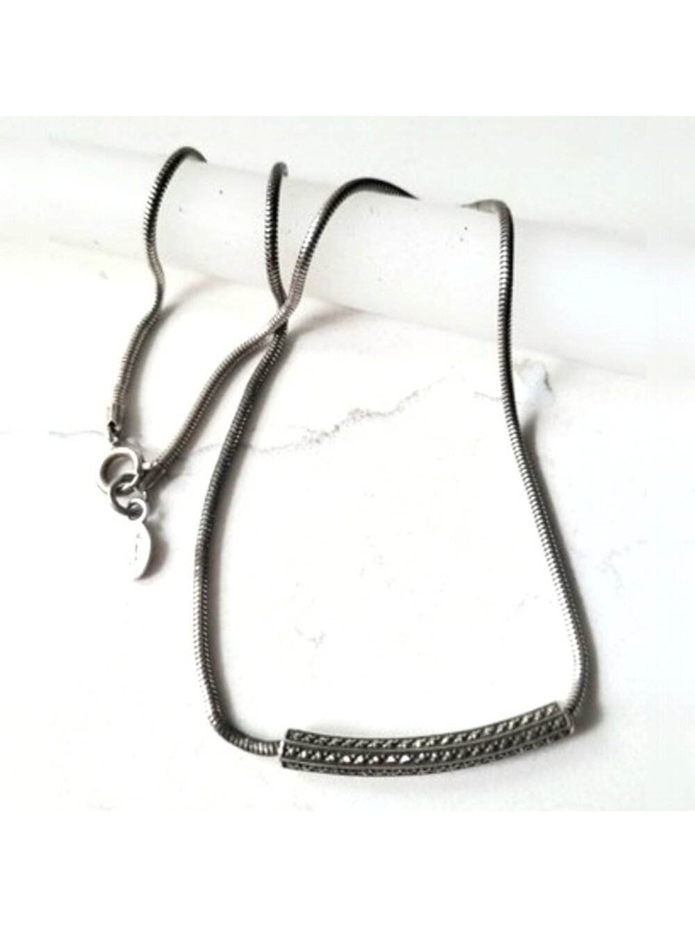 Vintage Jenna Nicole Sterling Silver Marcasite Bar Pendant Snake Chain Necklace